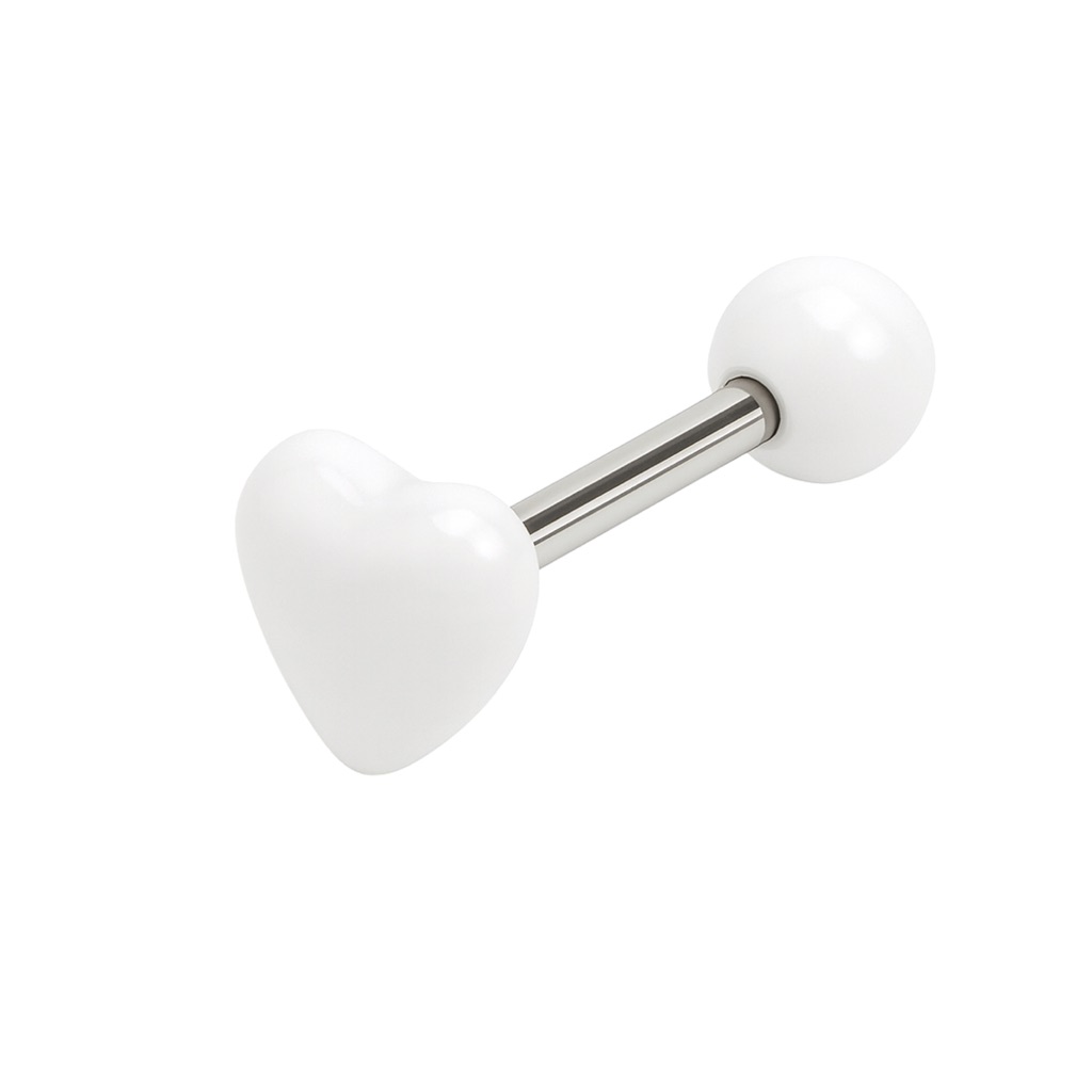 14g White Heart Tongue Barbell Piercing  Stainless Steel Hypoallergenic